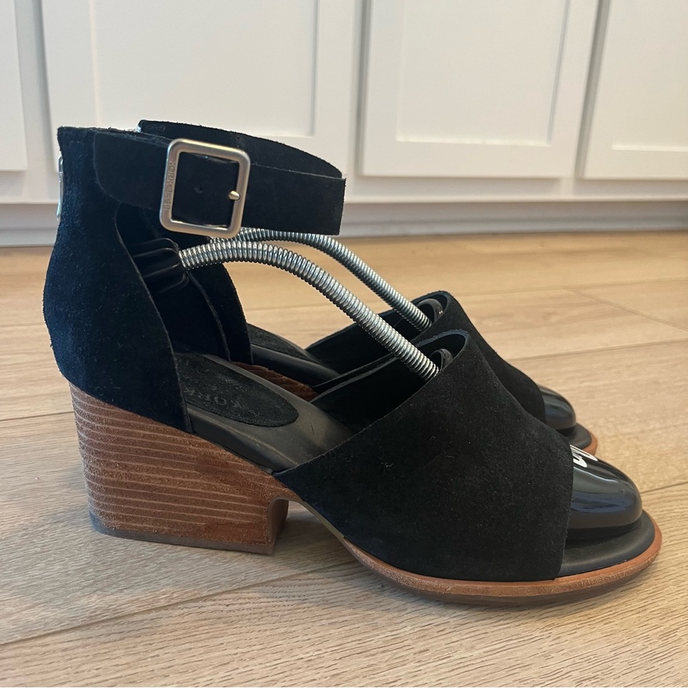Kork-Ease Black Suede Open-Toe Ankle Strap Sandals